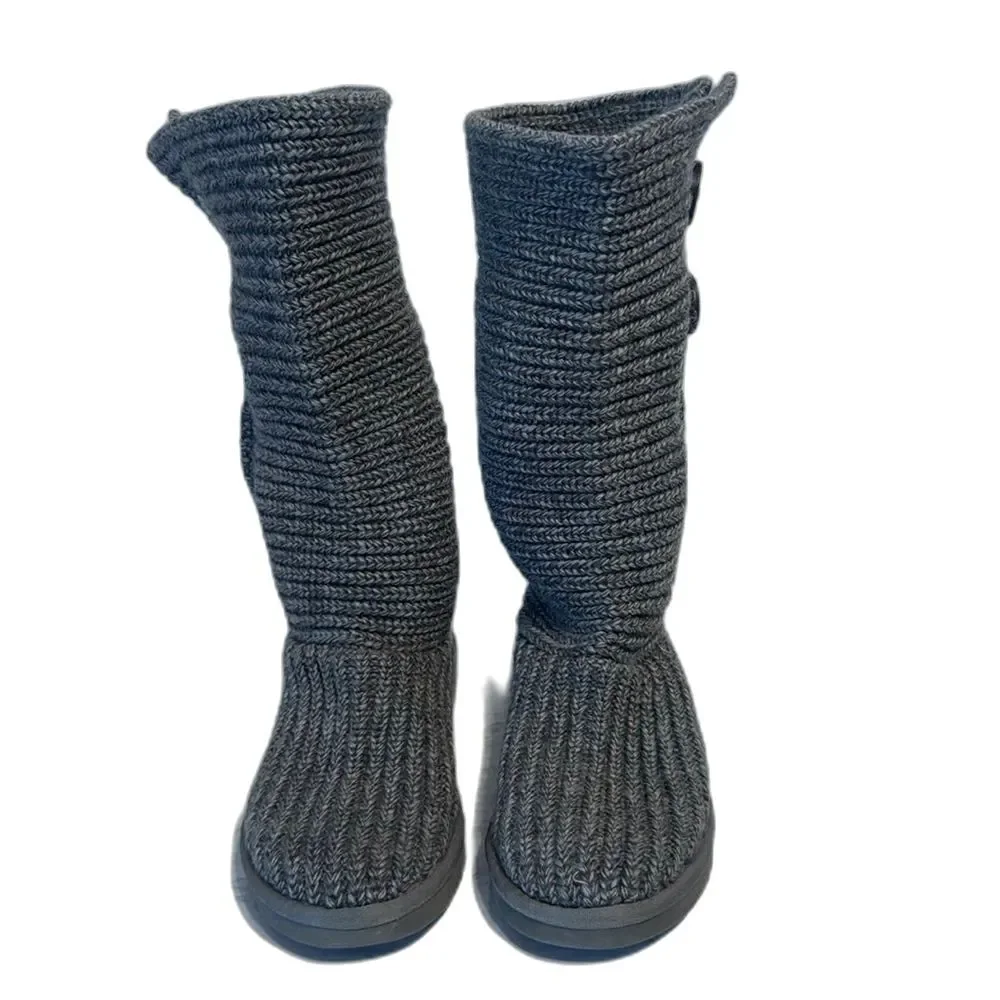 UGG Cardy 5649 Gray Sock Knit Tall Button Slipper Winter Boots Womens 6